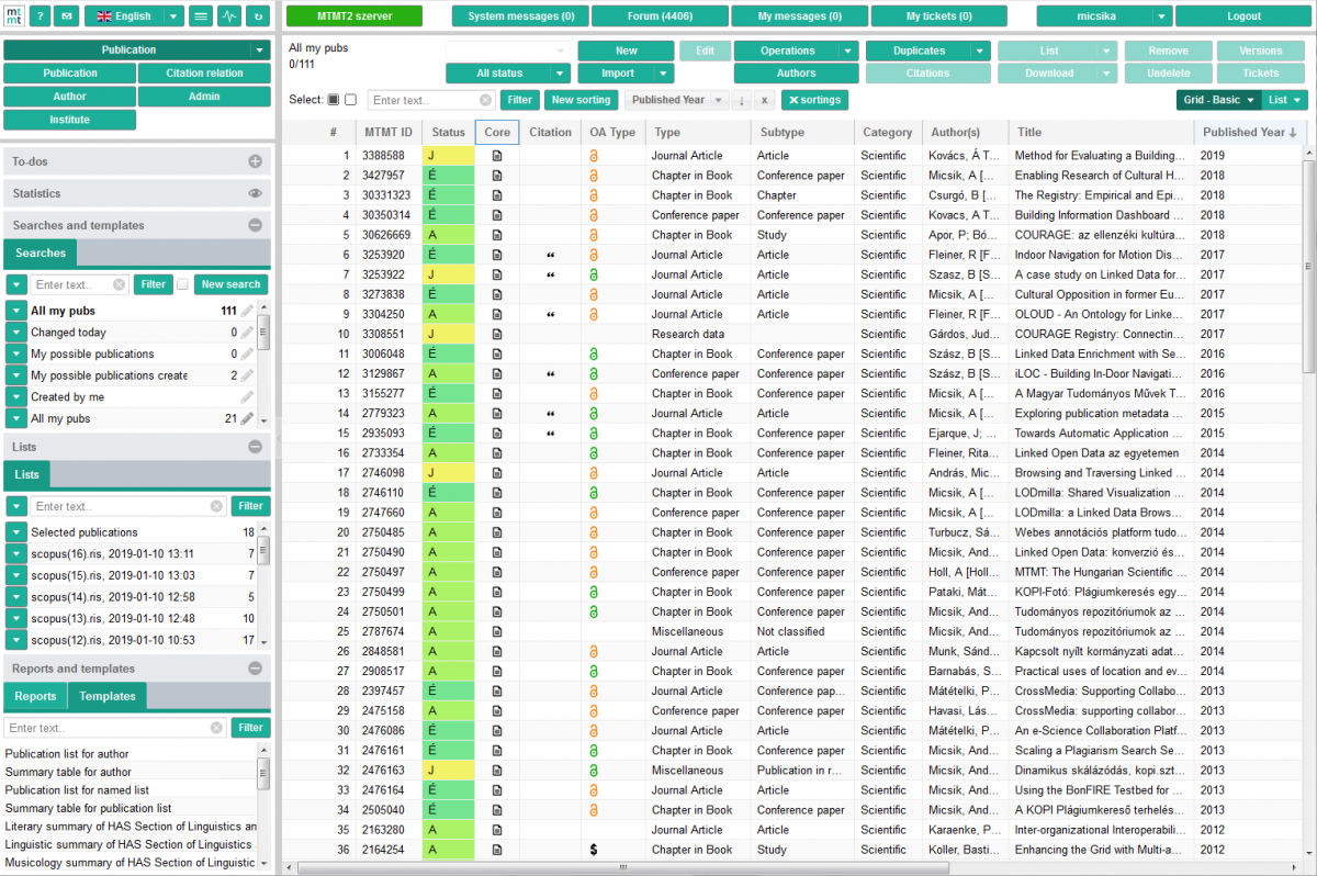 Editors' interface in MTMT2